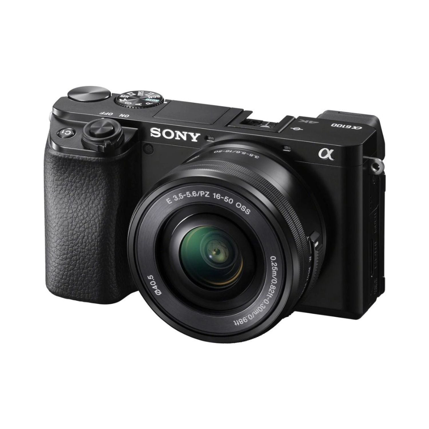 Sony a6100 mirrorless camera with 16โ50mm lens, front view, black body